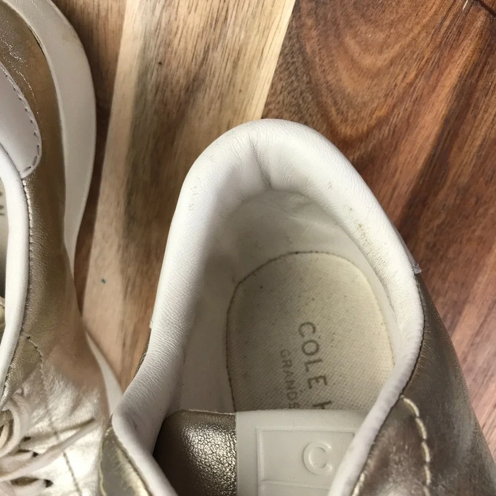 Cole Haan Grand Pro Tennis Shoe Womens 9B Metallic Gold Leather Lace Up Sneakers
